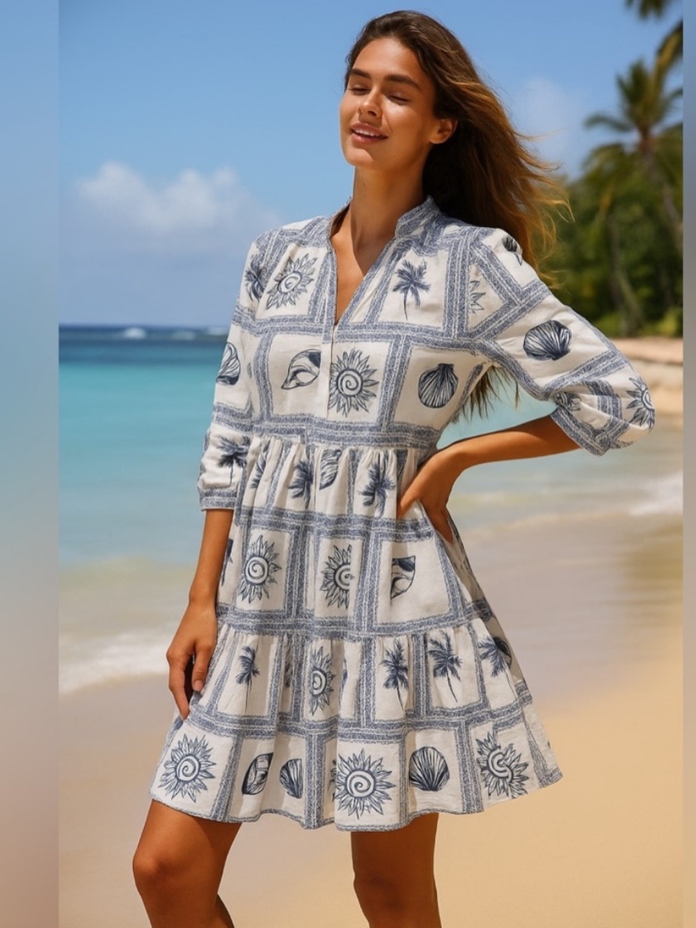 Calypso St. Barth Seashell Resort 3/4 Sleeve Tiered Mini Dress Santorini Small
